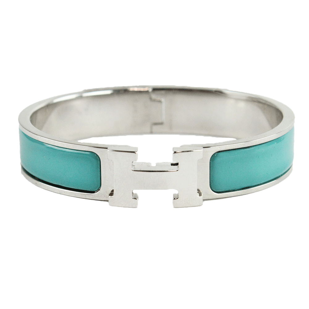 Front View of Hermès "Clic H" Blue & Silver Narrow Bangle