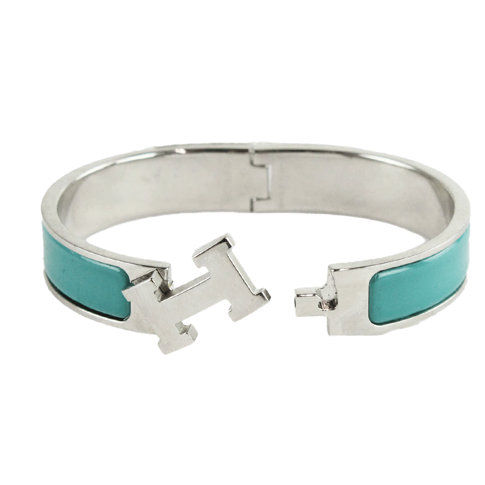 Front View of Hermès "Clic H" Blue & Silver Narrow Bangle