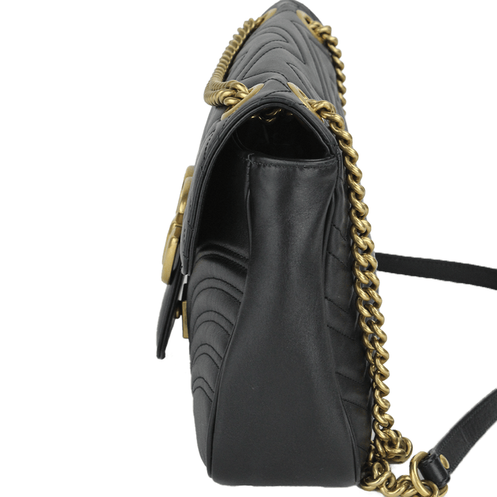 Side View of Gucci Black Leather GG Marmont Medium Matelassé Shoulder Bag