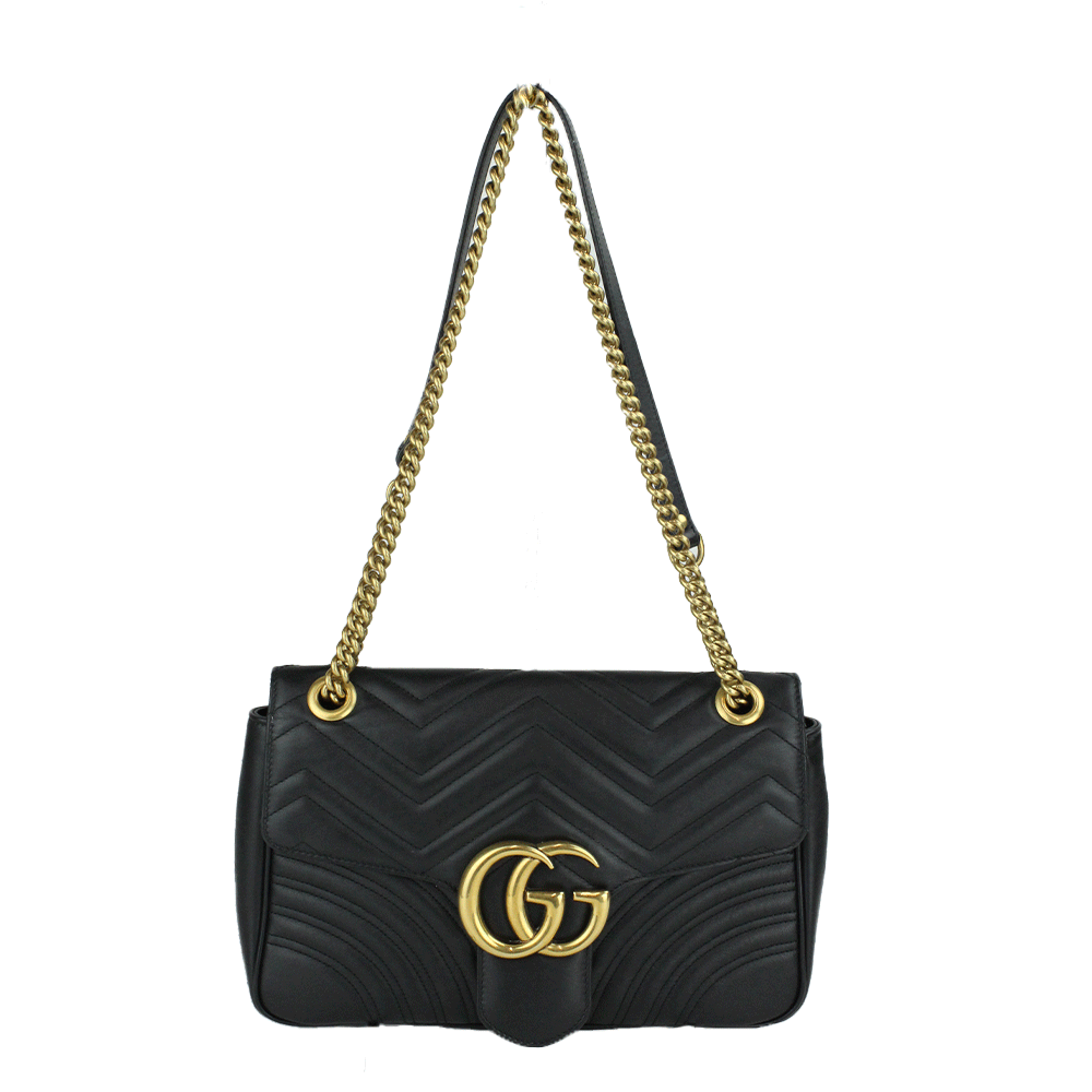 Shoulder View of Gucci Black Leather GG Marmont Medium Matelassé Shoulder Bag