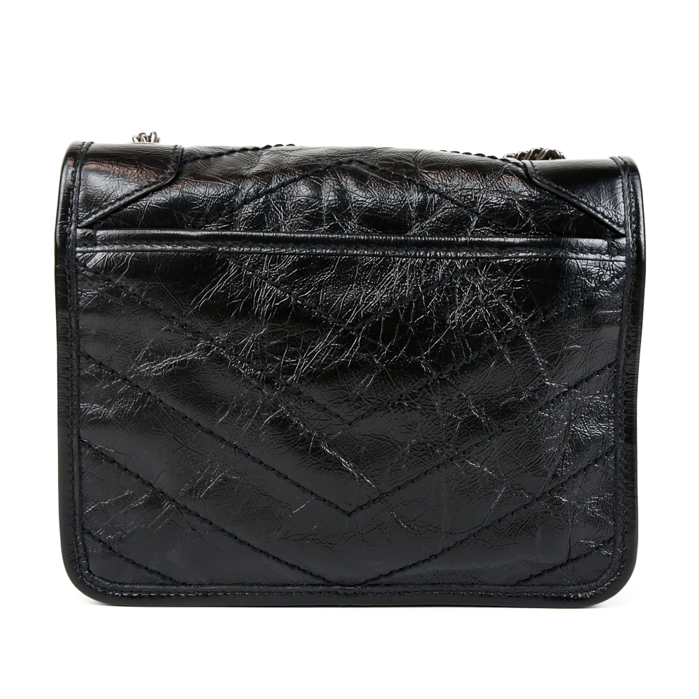 back view of Saint Laurent Black Crinkled Calfskin Mini Nikki Bag