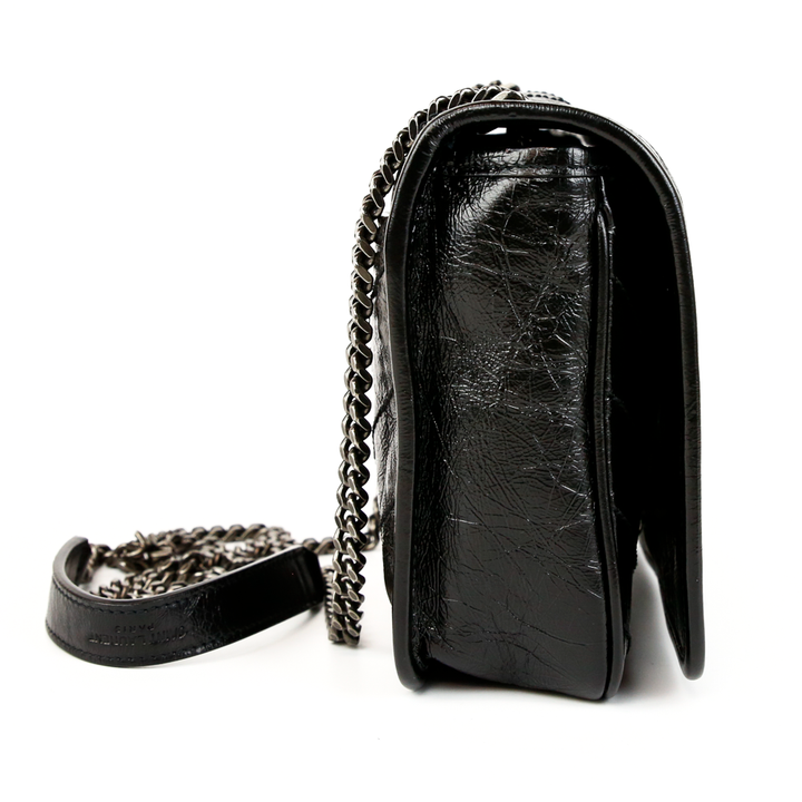 side view of Saint Laurent Black Crinkled Calfskin Mini Nikki Bag