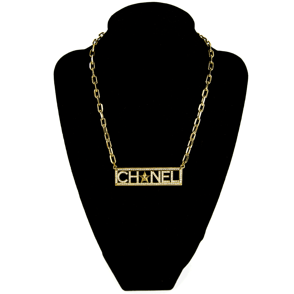 Chanel Gold & Crystal Nameplate Necklace